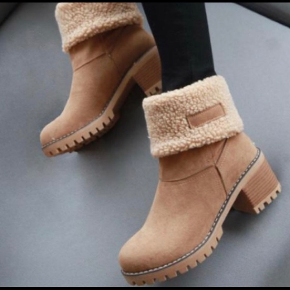 Women Fur Heel Square Heels Ankle Booties